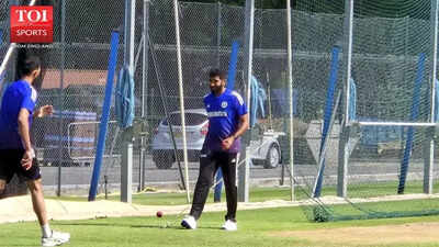 Jasprit Bumrah in action during net practice.