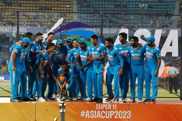Indian team celebrating their Asia Cup victory in 2023.
