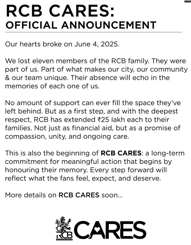 RCB announce Rs 25 lakh each for families who lost members in Bengaluru stampede: 'Promise of compassion, unity and care'