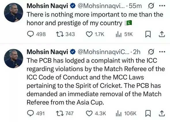 PCB Chairman Mohsin Naqvi's social media posts